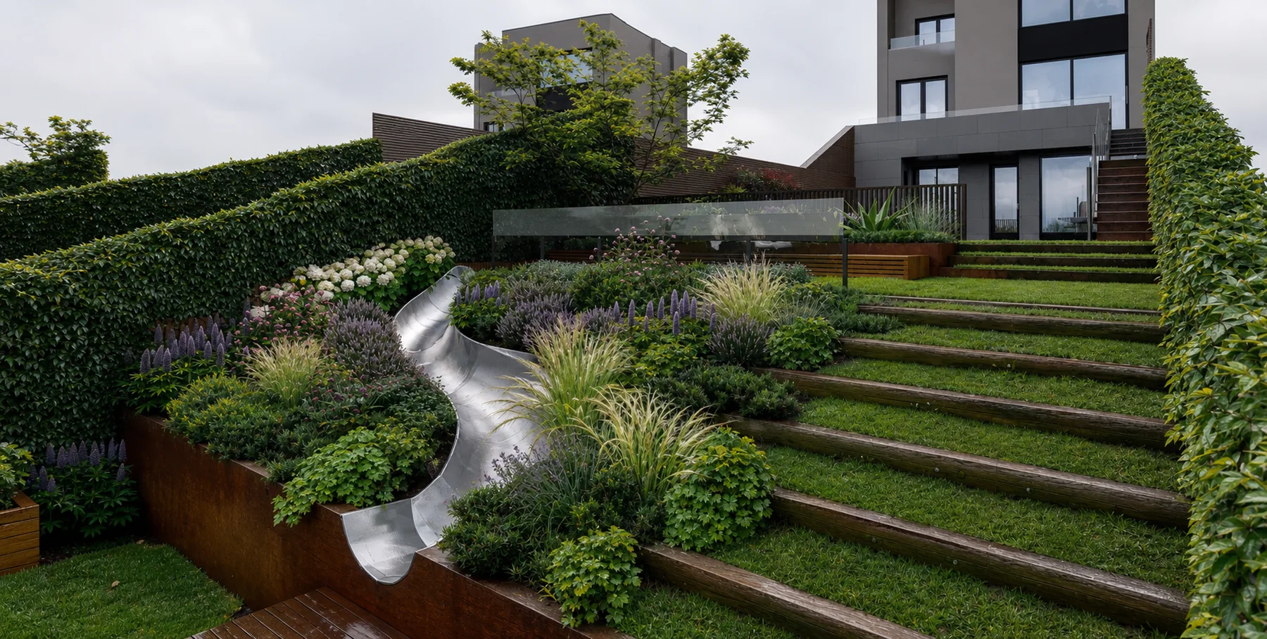 Diseño de jardín contemporáneo en Atotxa Erreka, Donostia–San Sebastián