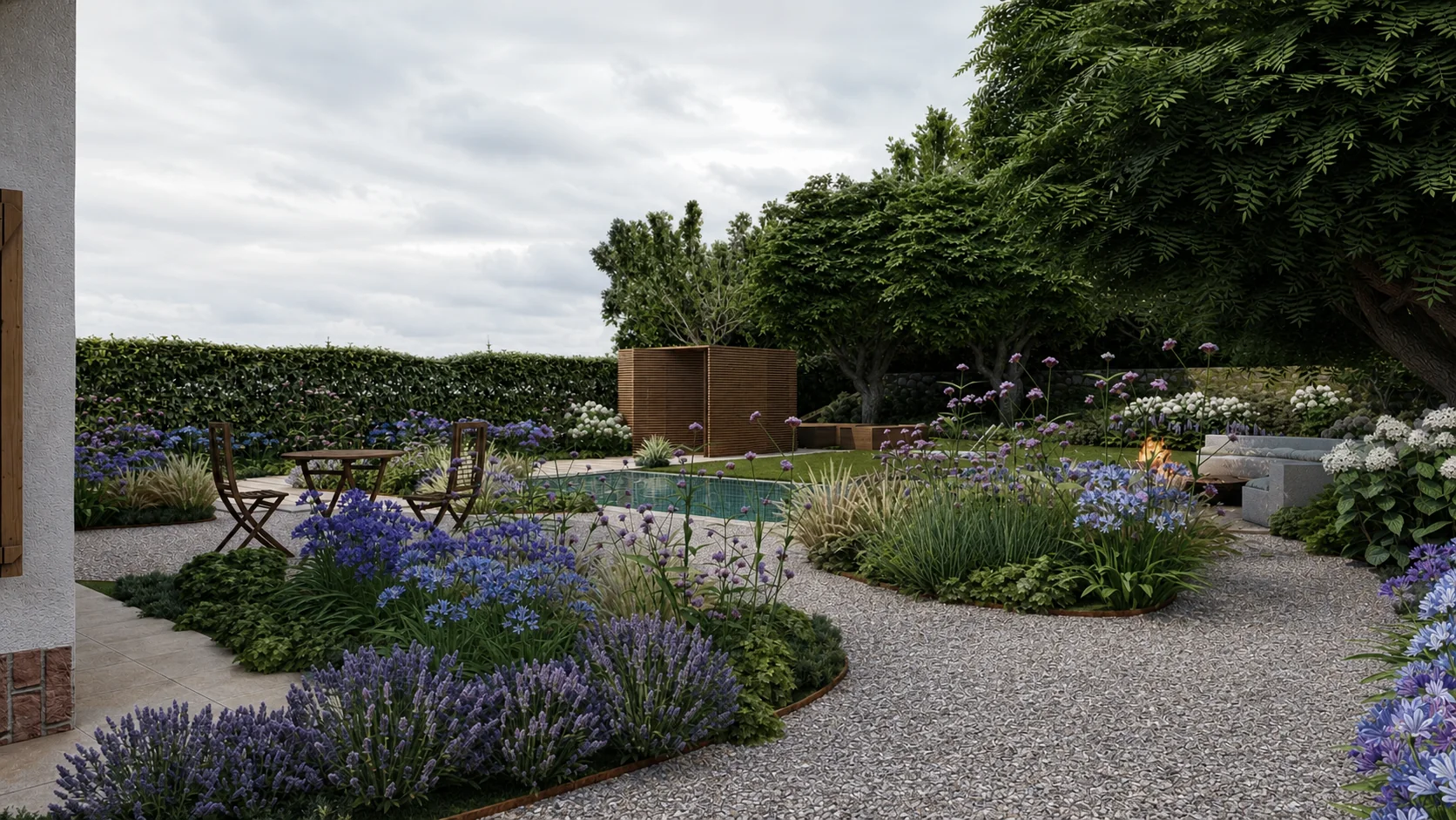 Diseño contemporáneo de jardín naturalista con plantaciones y piscina en Somo, Cantabria